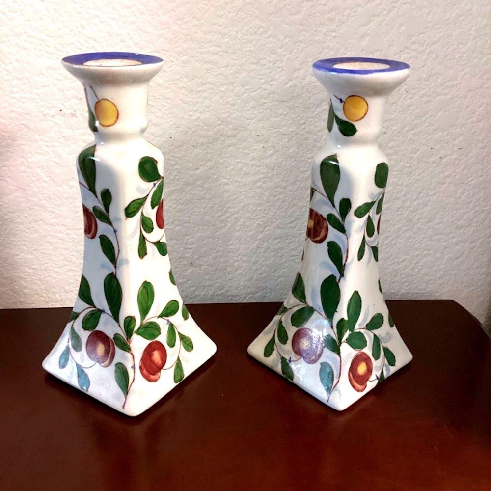 Vintage Style Hand Painted Ceramic Fruit Botanical Candlestick Holders Set of 2